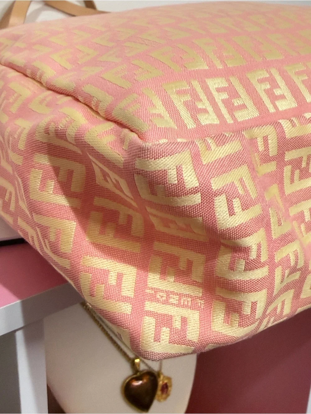 Fendi Pink and Tan Zucca Monogram Tote with Pouch